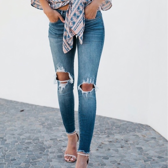 Distressed Denim Med Wash Ankle Skinny Jeans - Picture 9 of 10